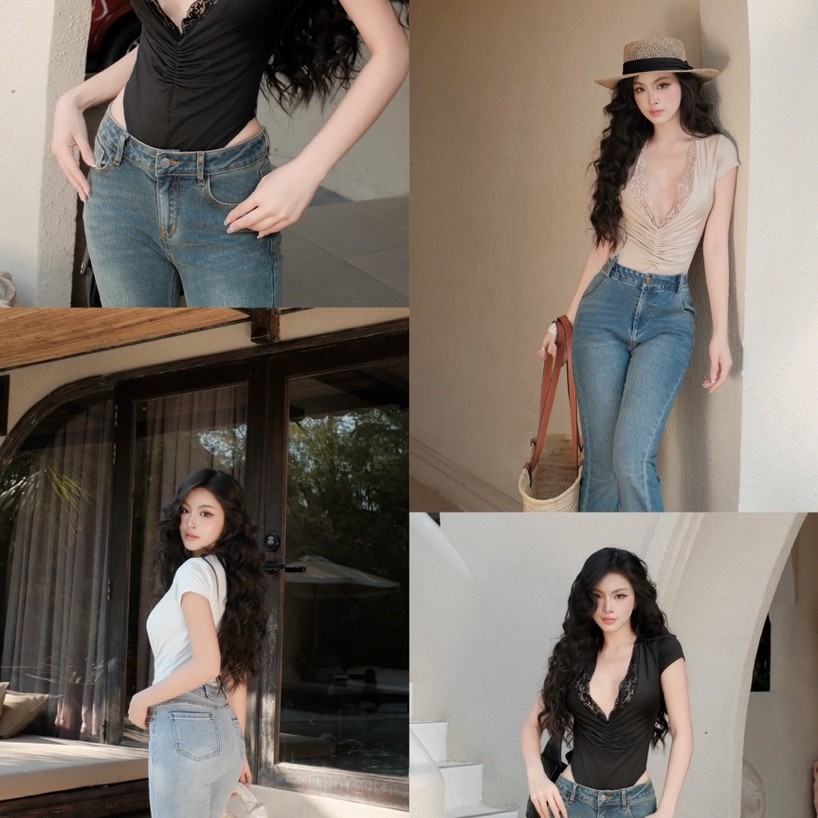 Áo Bodysuit Cổ V Phối Ren Ôm Body 𝐃𝟐𝐓 𝐒𝐓𝐎𝐑𝐄