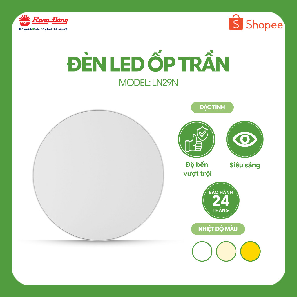 Đèn LED ốp trần tròn Rạng Đông LN29N  đế nhựa.