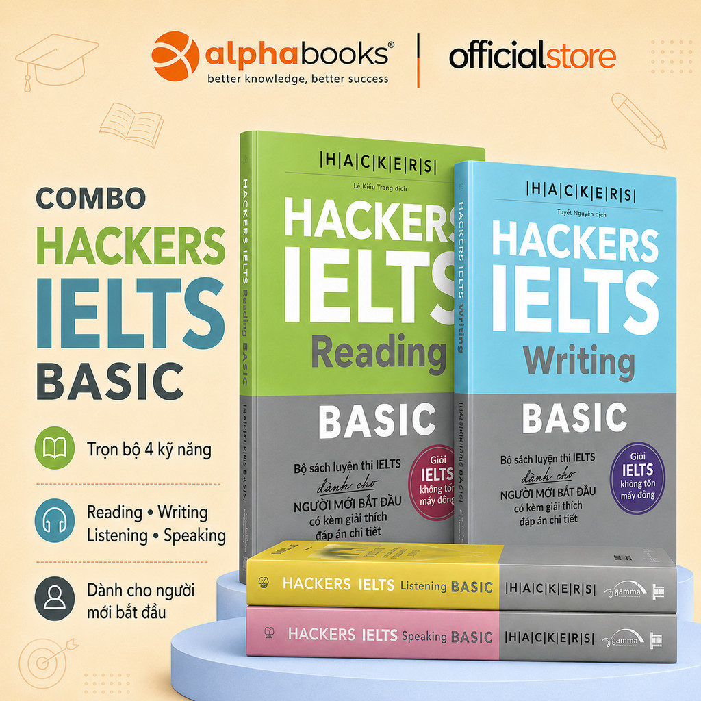 Sách – Combo Hackers IELTS Basic (Bộ 4 Cuốn) –  Kèm Lời Giải Chi Tiết (Band 3.0-5.5+) (Gamma Books)