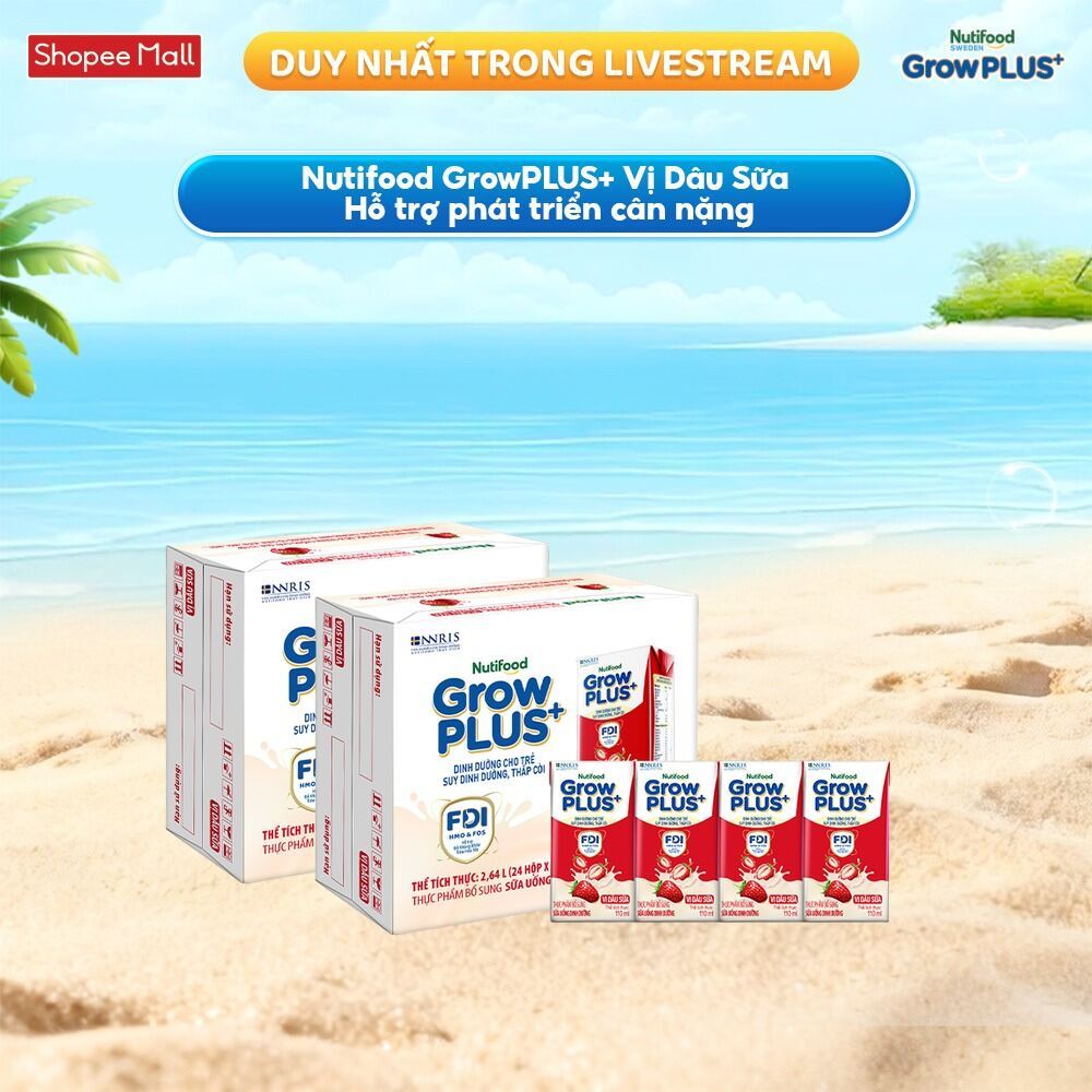 Combo 2 Thùng 24 hộp Sữa bột pha sẵn Nutifood GrowPLUS+ Vị Dâu Sữa hộp 110ml - Trên 1 tuổi