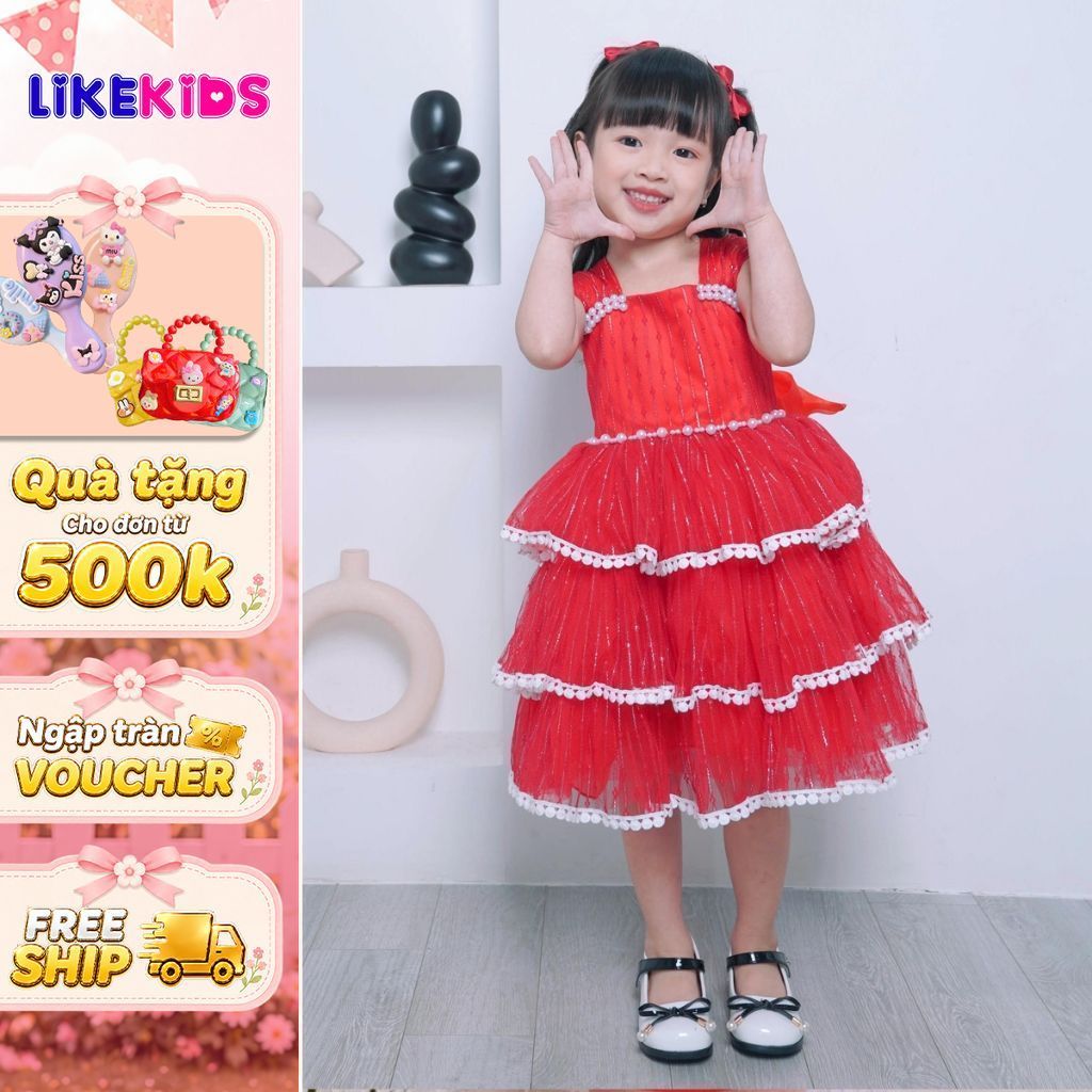 Đầm công chúa cho bé gái kiểu dáng lưới bi tai thỏ C80 - Likekids