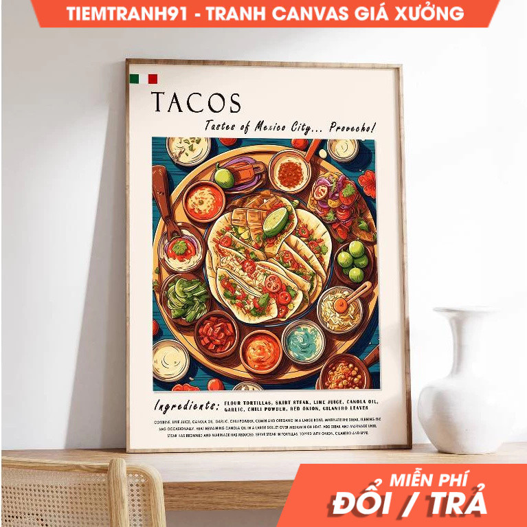 Tranh treo tường, Mexican Tacos Food Poster, Kitchen Decor, Mexico Food Art, Latin Food Art, Retro F
