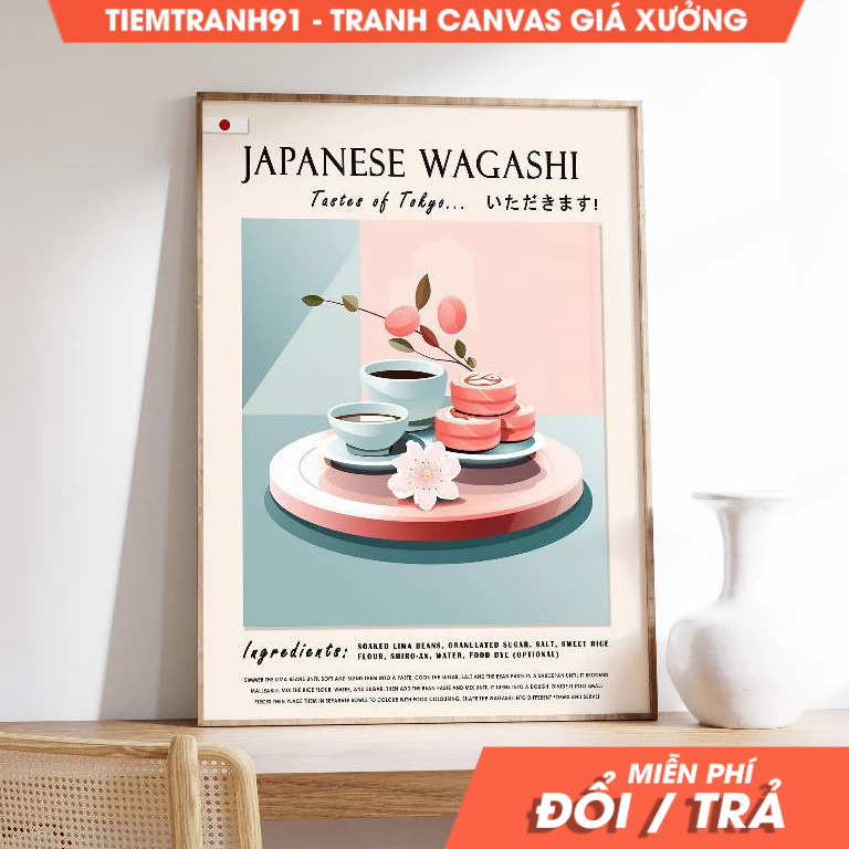 Tranh treo tường, Japanese Wagashi Poster, Asian Food Print, Asian Dessert Poster, Kitchen Decor,