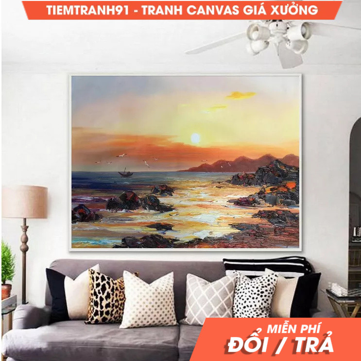Tranh treo tường, Original Ocean Painting, Sunset Landscape painting, Sea Painting Beach Oil Paintin