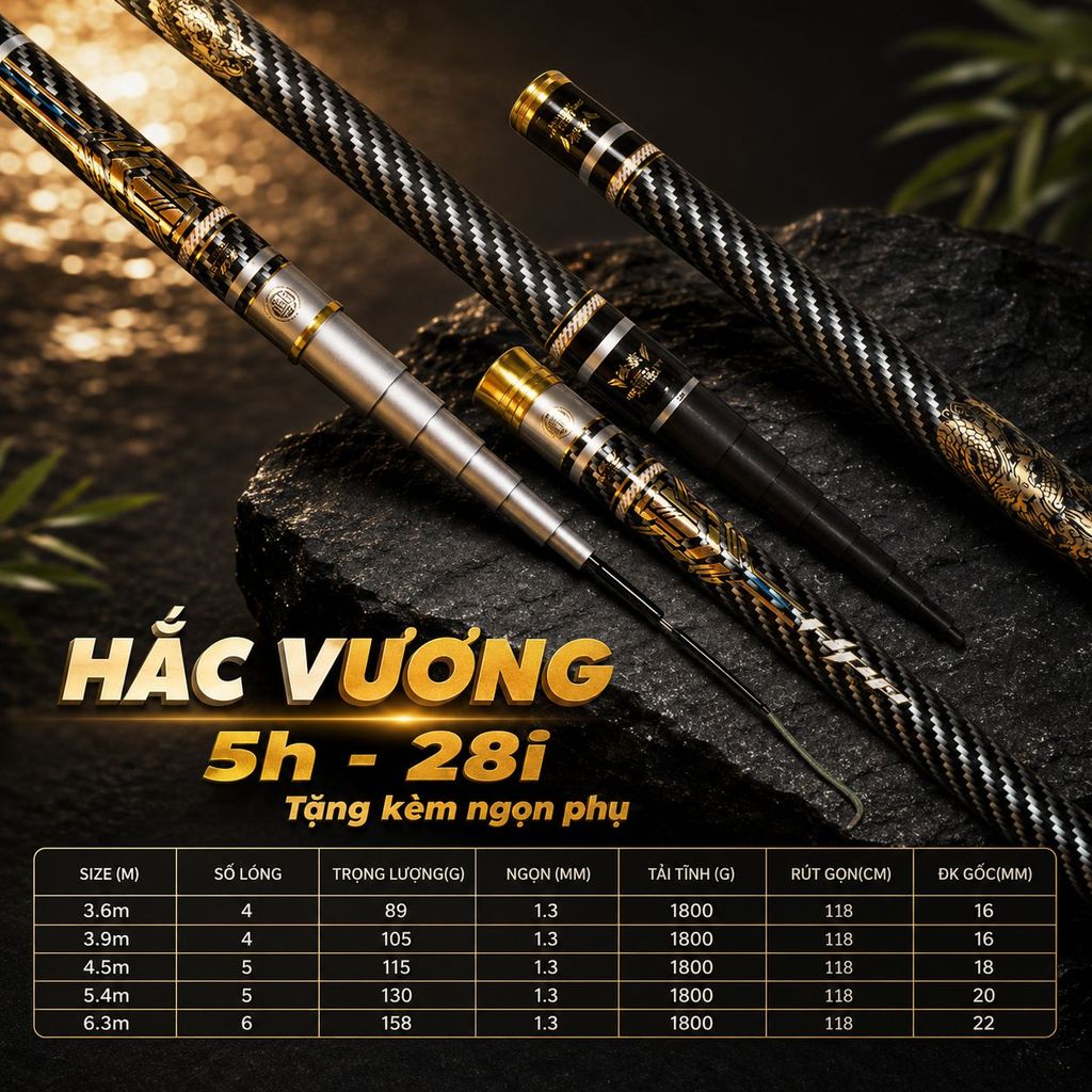 Cần Câu Đài HẮC VƯƠNG 5H -6H-10H  Phân bố lực 19i - 28i Tặng Kèm Ngọn Phụ.