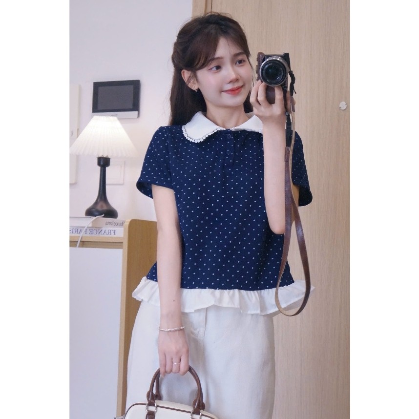 Áo Polo Nữ Chấm Bi Phối Viền Bèo, Cổ Sen - Sang trọng Thanh Lịch ( M25 )