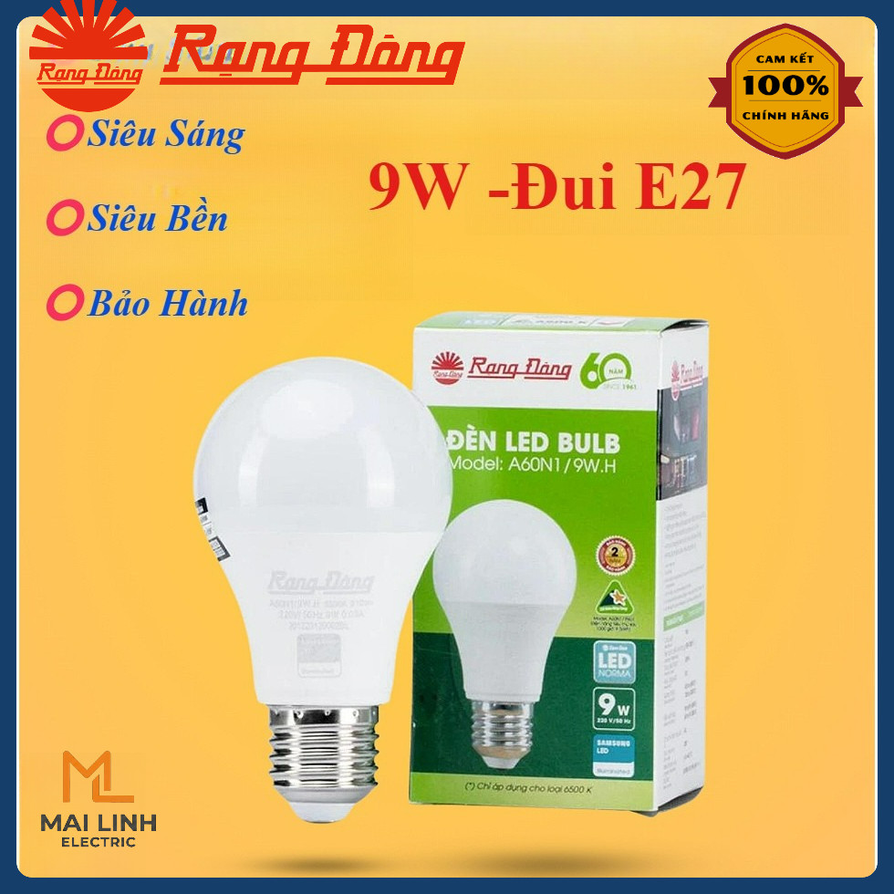 (Rạng Đông) Bóng đèn led bulb 9W Đui đèn E27 - Siêu sáng, tiết kiệm điện, công suất chuẩn - Đui đèn 