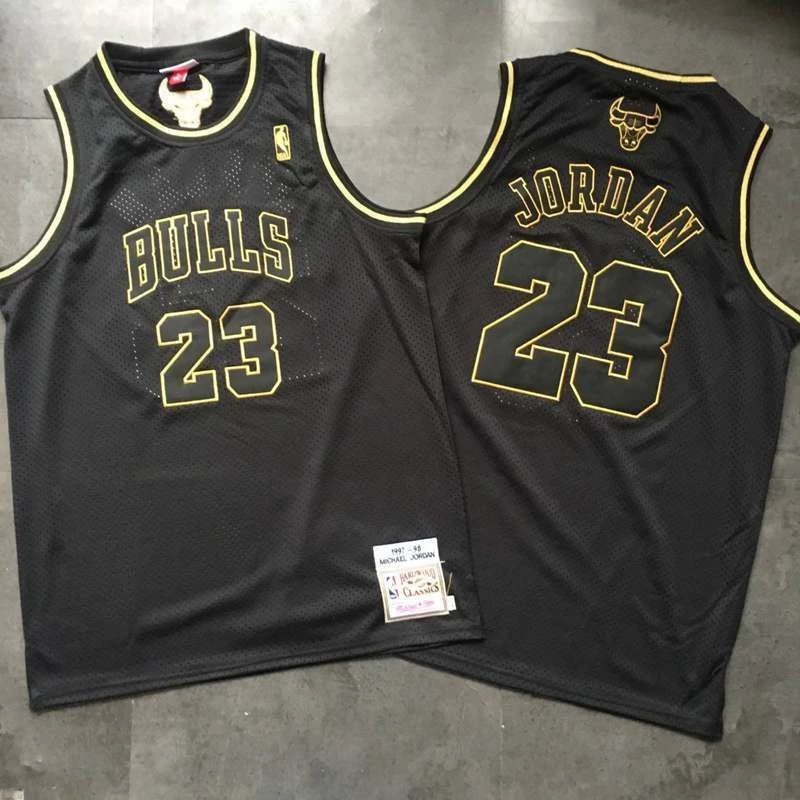 [Thêu mật độ đầy đủ AU] Mitchell Ness Black Gold Bull 23#乔丹密绣球衣