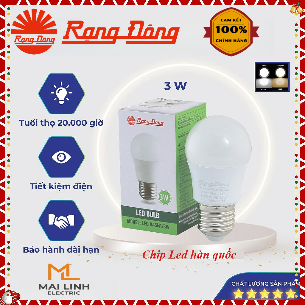 (Rạng Đông) Bóng đèn Led bulb tròn 3W - Đui E27 siêu sáng, tiết kiệm điện, MODEL Bulb A 3W