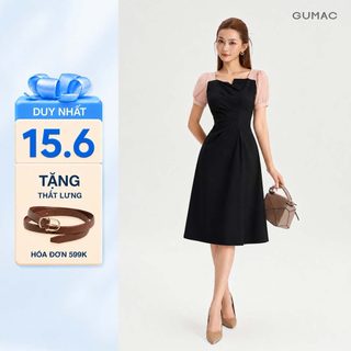 Đầm Nữ Dáng A Xòe GUMAC Thiết Kế Cổ Vuông Phối Tơ Xếp Ly Tay Phồng Thanh Lịch LDE0701