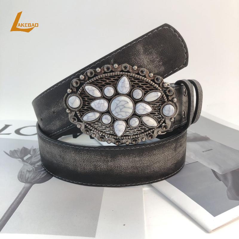 [LAKEBAO] Thắt lưng đá trắng cổ điển Thắt lưng hoa khắc Thắt lưng da nổi Boho Thắt lưng quần jean th