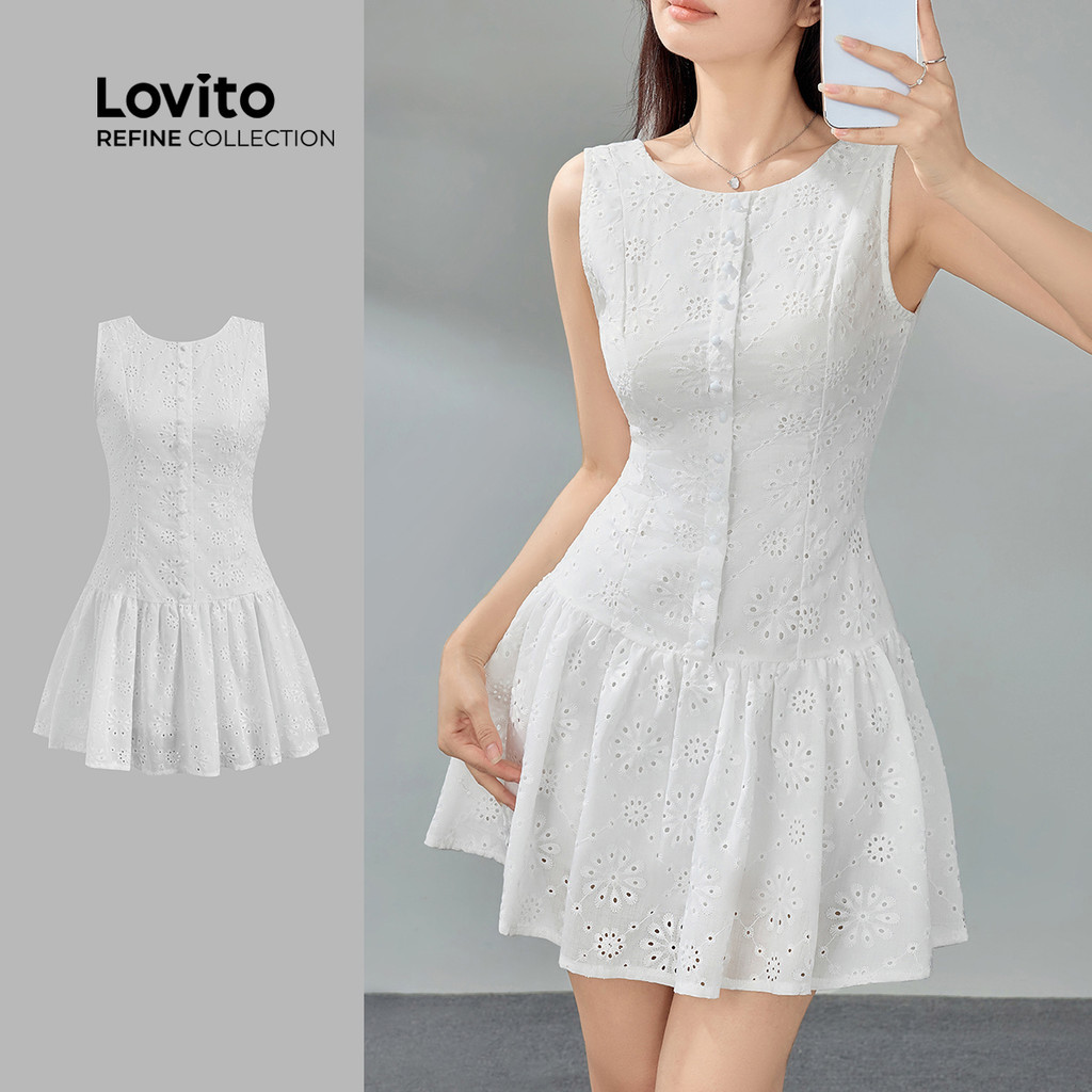 (Hot) (Refine by Lovito) Váy thường ngày Váy thêu lỗ trơn cho nữ LR2ED078
