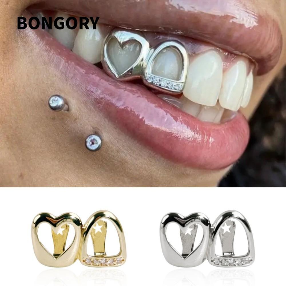 BONGORY Hip Hop Răng Grillz, Trang Sức Răng Trái Tim Rỗng Đồng, Màu Vàng Sáng Bóng Đôi Trái Tim Gril