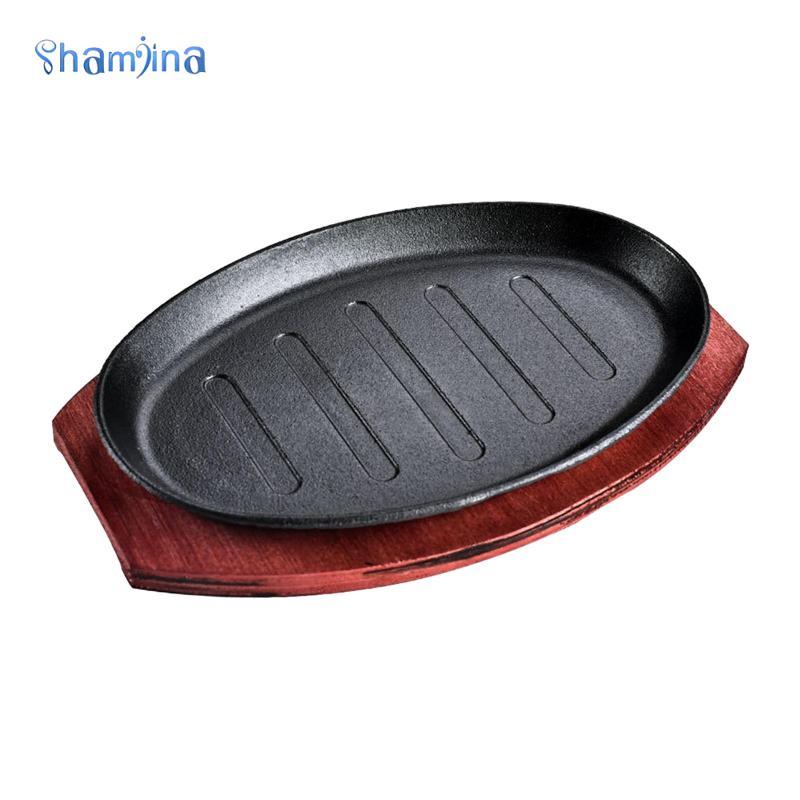 Shamjina Griddle Steak Fry Pan Plate, Teppanyaki Grill Pan Cast Iron với khay tre BBQ Grill Pan Sizz
