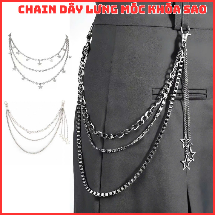Móc khóa dây lưng treo quần  Unisex Chain 3 tầng đính ngôi sao , Chain phụ kiện treo quần Khóa Punk 