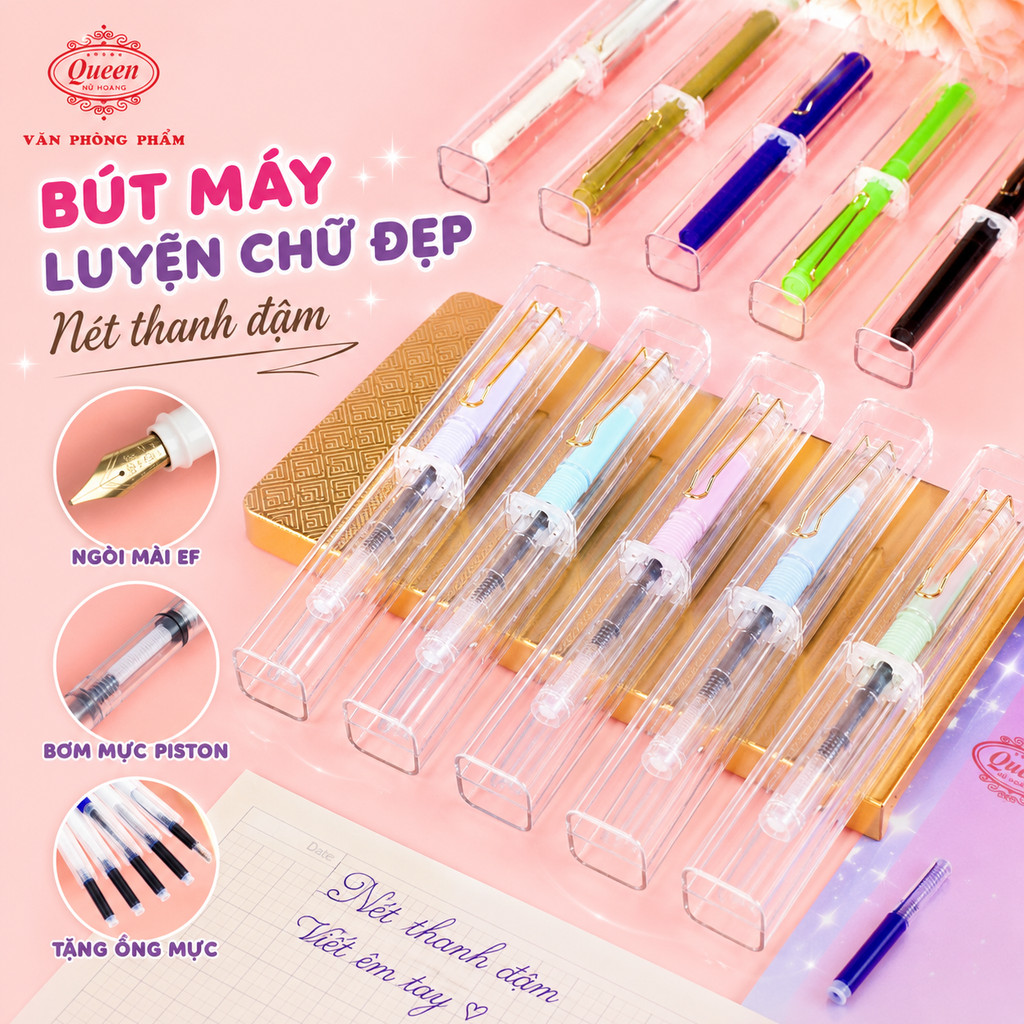 Bút Máy Luyện Chữ Đẹp Nét Thanh Đậm Ngòi Mài EF Màu Pastel Queen FP17-2 Tặng Ống Mực