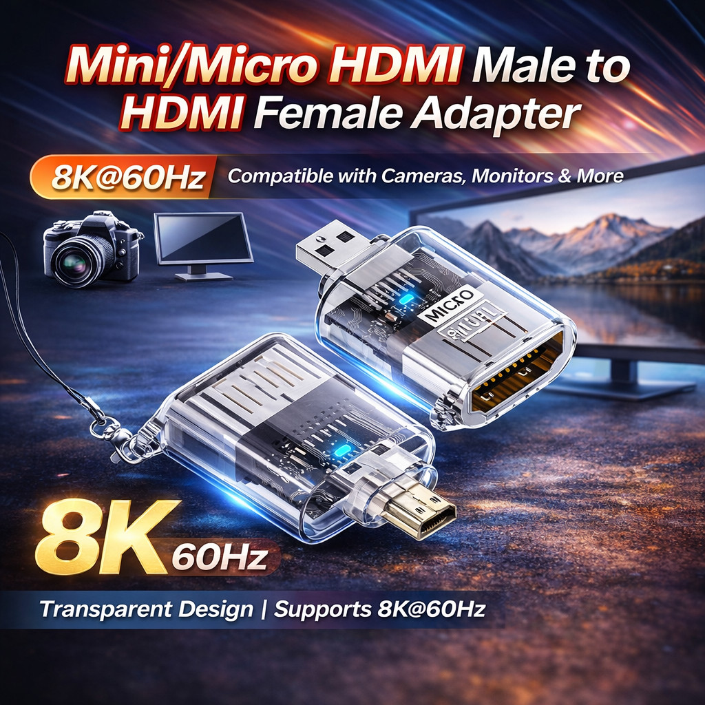 8K @ 60Hz Micro / Mini HDMI Male sang HDMI Female, Vỏ trong suốt, 4K @ 120Hz 2K @ 240Hz HDR, dành ch