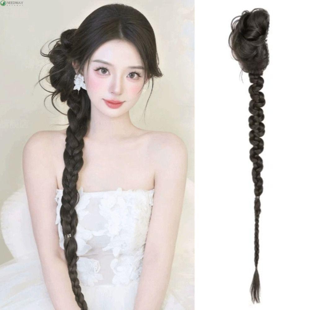 NEEDWAY Twist Braids Bun Tóc giả, Claw Clip Side-Tied Long Braids Buns Hairpiece, Băng đô thanh lịch