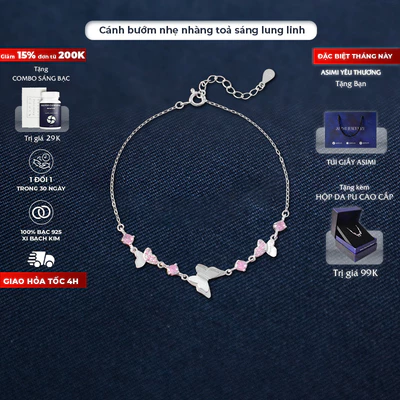 Lắc tay nữ bạc Cánh Tiên Hồng Asimi Elysian Butterfly LT46
