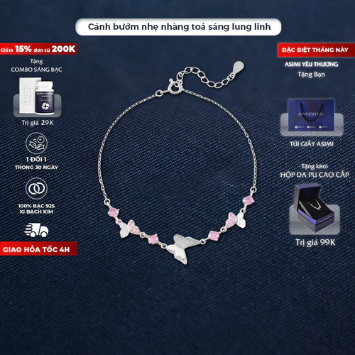 Lắc tay nữ bạc Cánh Tiên Hồng Asimi Elysian Butterfly LT46