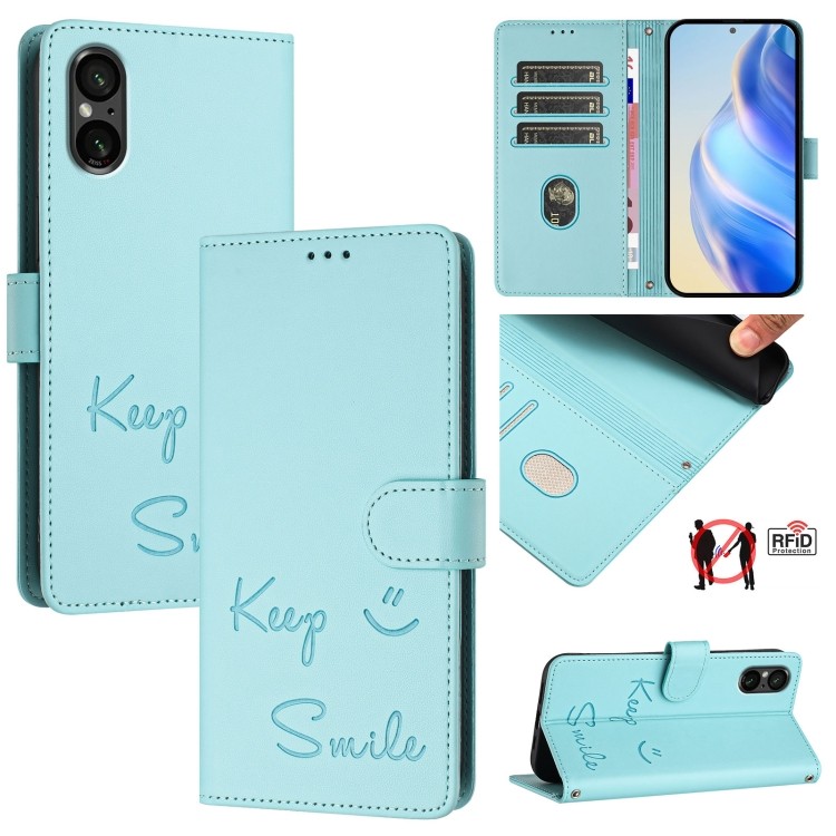Ốp điện thoại bằng da RFID dập nổi nụ cười có sẵn cho Sony Xperia 1 VIII / Sony Xperia 1 V 5G / Sony
