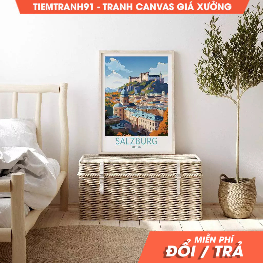 Tranh treo tường, Salzburg Austrian travel poster, Salzburg  City Travel Art Wall Decor, Home Decor 