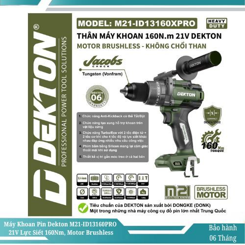 Máy Khoan Pin Dekton M21-ID13160PRO 160N.m - Động Cơ Brushless, Chống Vặn Cổ Tay, Tạo Xung