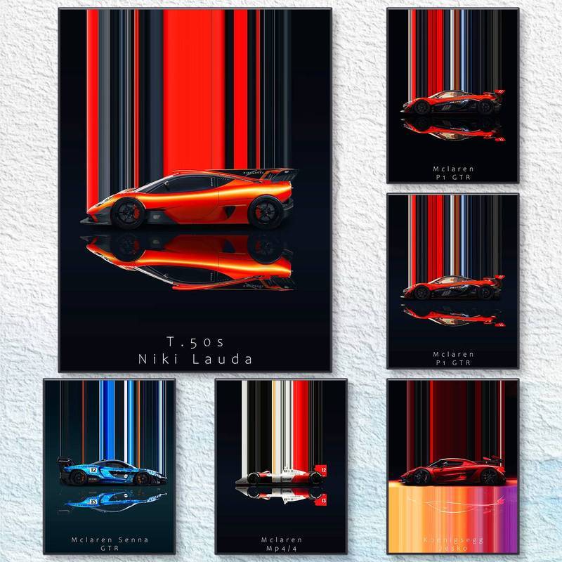 Luxury Supercar Race Car Wall Art Set McLaren Ferrari Mercedes Koenigsegg Dải phản quang Canvas Art
