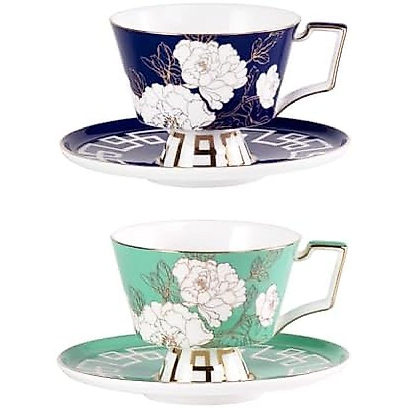ps Saucers Set of 2, Porcelain Espresso Cups with Saucers, 8.12 oz Handcrafted Elegant Bone China Te
