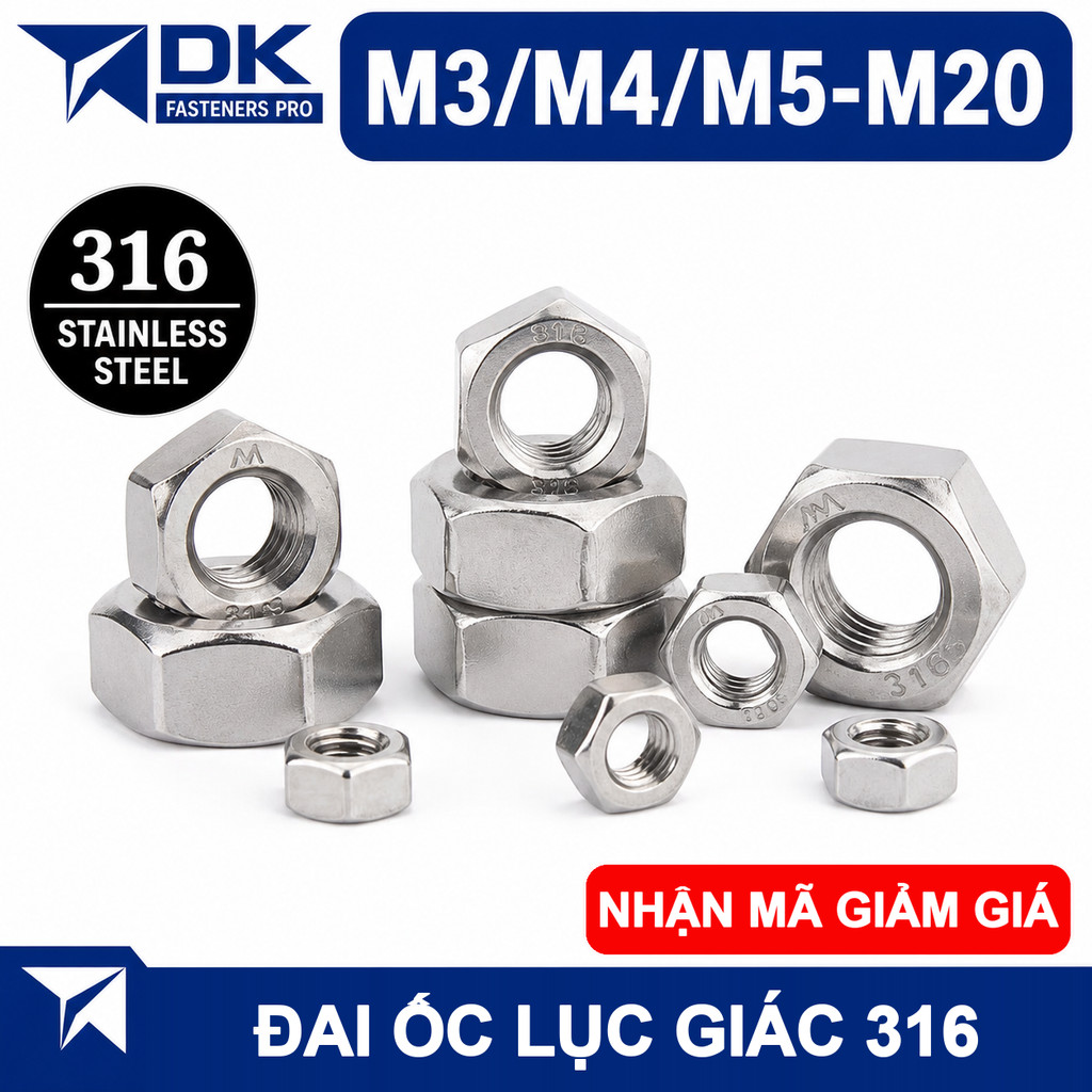 (INOX316) Đai ốc , Ecu, tán lục giác INOX 316 đủ size M3 M4 M5 M6-M20 [BL]
