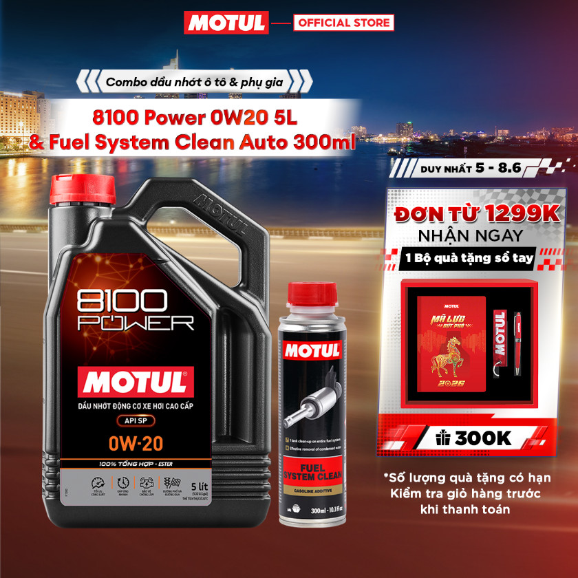 Combo Dầu nhớt xe ô tô MOTUL 8100 POWER 0W20 5L và Phụ gia vệ sinh hệ thống nhiên liệu xe ô tô XĂNG 