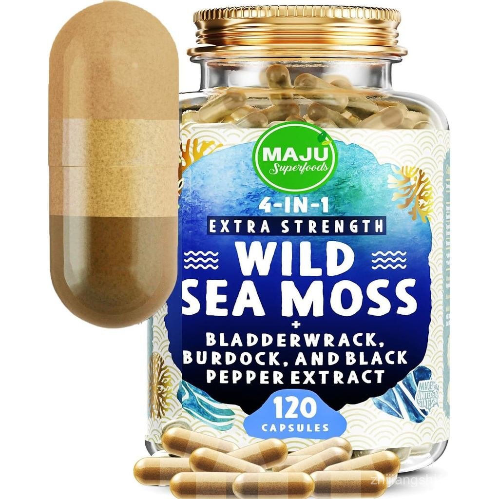 MAJU Wild Irish Sea Moss Capsules (120ct), Mạnh hơn Gel, 4 trong 1 w / Bladderwrack + Rễ cây ngưu bà