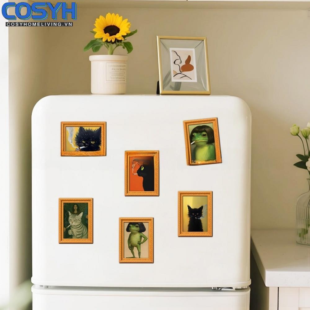 <cosyh>6pcs Funny Cat Refrigerator Magnets Wooden Cat Smoke Art Print Fridge Magnets