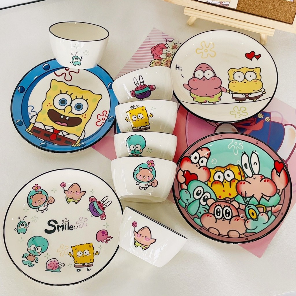 [Same Style] SpongeBob SquarePants Ceramic Tableware Set Bowls Plates Pie Daxing Cute Rice Bowls Wes