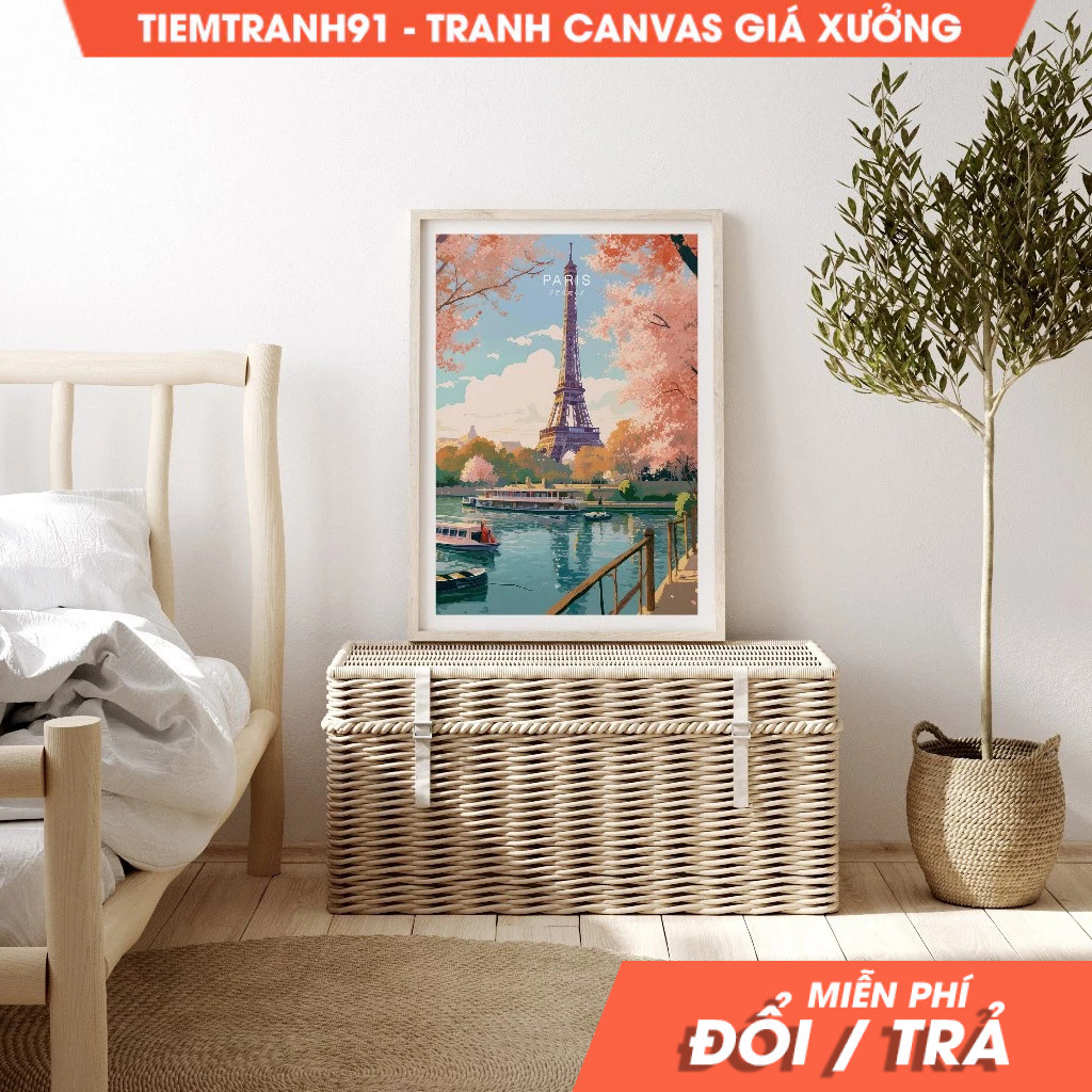 Tranh treo tường, Paris Travel Poster, Eiffel Tower Paris France Travel Wall Art, tặng kèm đinh treo