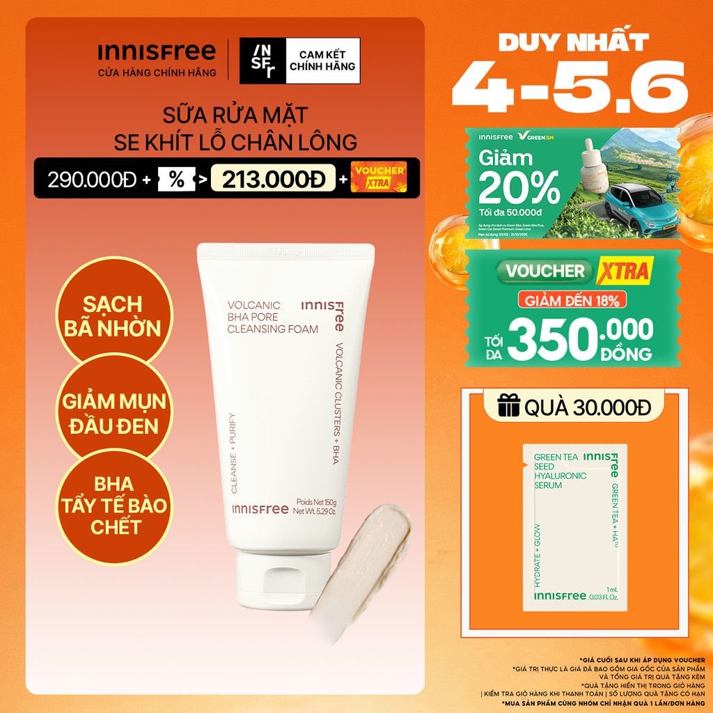 Sữa rửa mặt tro núi lửa sạch sâu se khít lỗ chân lông INNISFREE Volcanic Pore BHA Cleansing Foam 150g