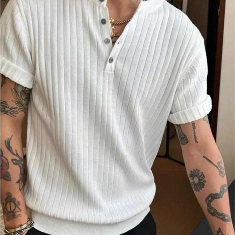 {Old Money Style Texture Pit Strip} Áo thun ngắn tay cổ Henry màu trơn nam thể thao cao cấp mùa hè