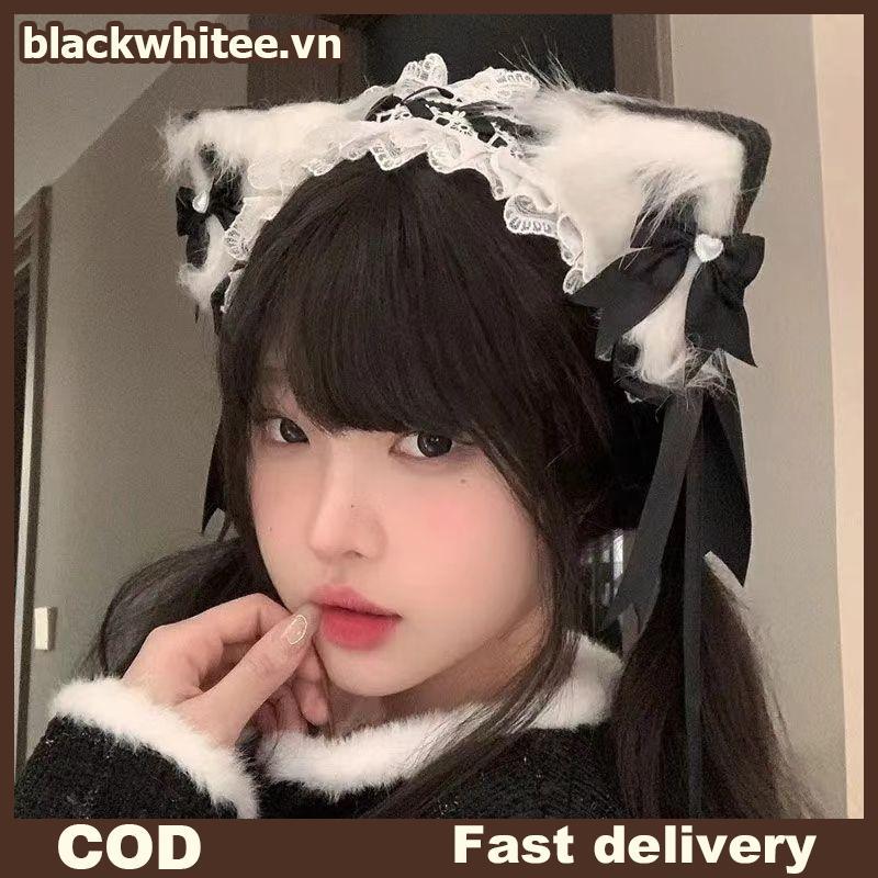 BWHTE 3 Cái / bộ Nữ Y2K Cô Gái Handmade Nơ Ren Băng Đô Quấn Tóc Tai Mèo Kẹp Tóc Kawaii Gothic Cospla