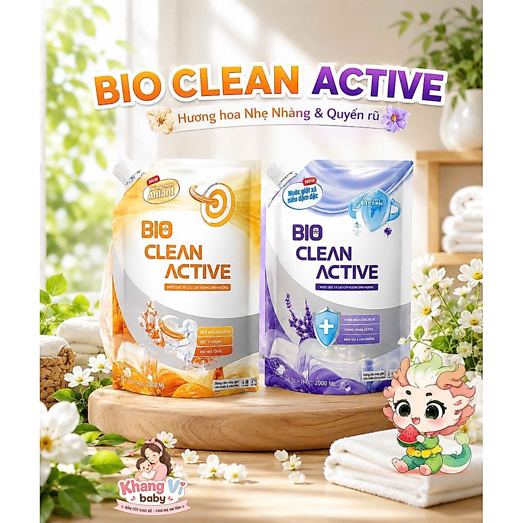 Combo 2 nước giặt BIO CLEAN ACTIVE Lưu Hương 120H, Làm Sạch Vết Bẩn 2000ml [ Tặng 1 túi 2000ml ]