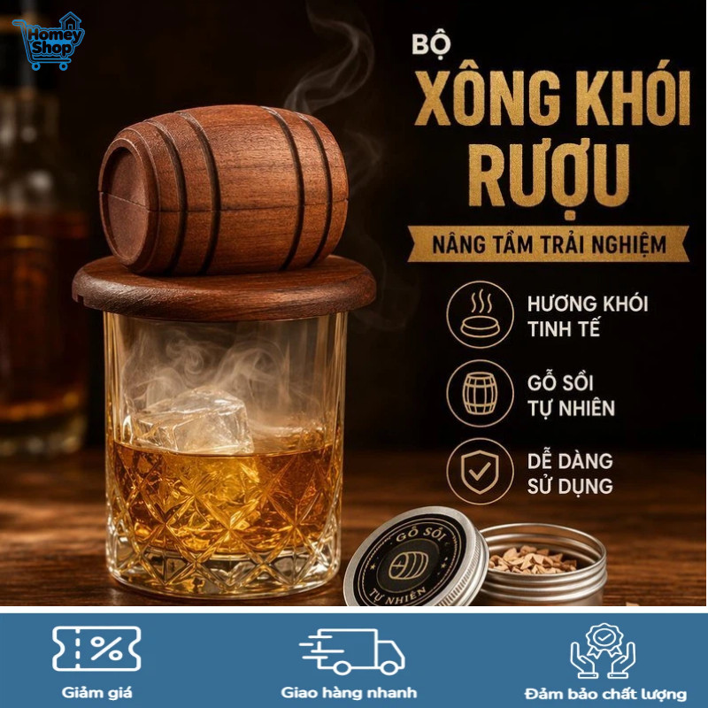 Dụng cụ xông khói cocktail smoker whisky,Gỗ chất lượng cao,pha chế, bar tại nhà,quà tặng cao cấp-Hom