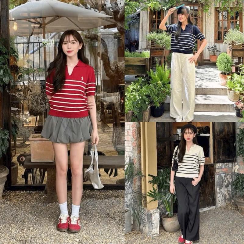 JANG STORE Áo len mongtoghi kẻ ngang cổ bẻ thêu hình ngựa basic hàng quảng châu A470 jang store