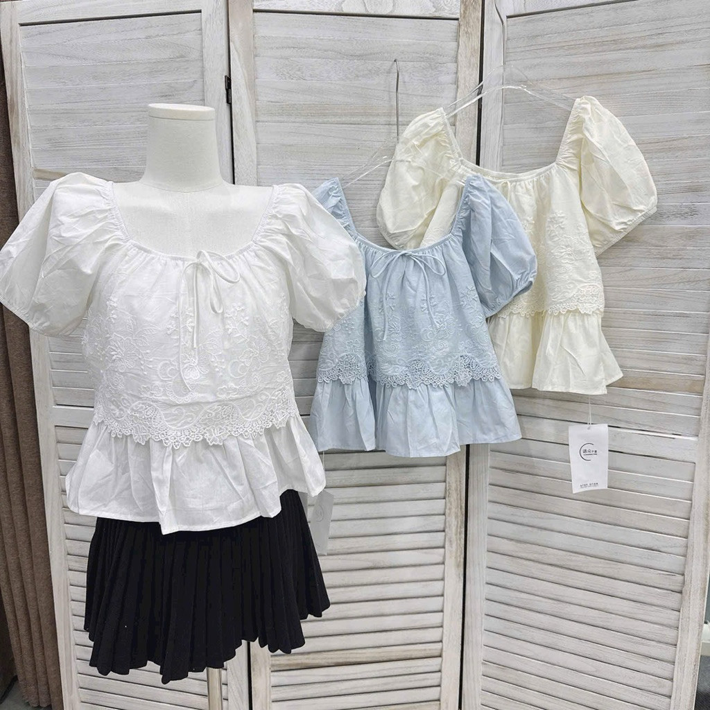 JANG STORE Áo kiểu phối ren tay bồng pelum sơ mi tay dây rút 639 jang store