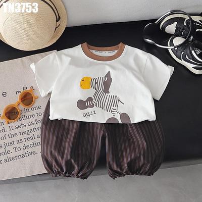 Set Bộ Quần Áo Bé Trai Áo Thun Cộc Tay In Hình Ngựa Vằn Phối Quần Đùi Bí Kẻ Sọc MINTSCLOSET TN3753
