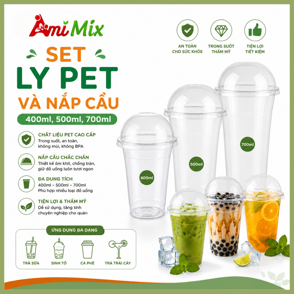 Set Ly Pet Và Nắp Cầu Dung Tích 400ml, 500ml, 700ml Tiện Lợi & Thẩm Mỹ