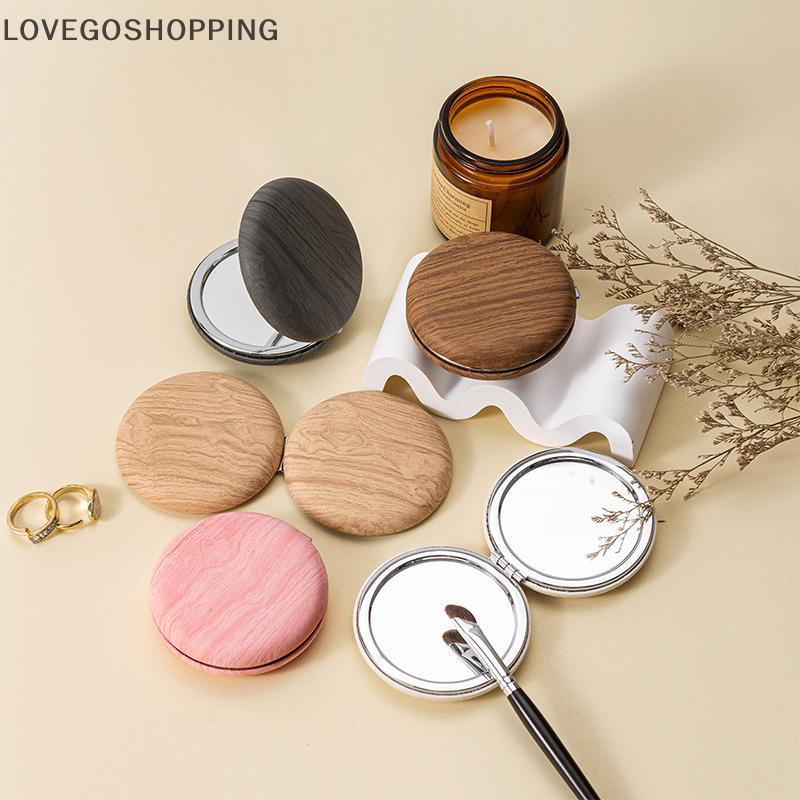 LSP Mini Vintage Gương Trang Điểm Hạt Gỗ PU Gấp Gương Tròn Du Lịch Gương Trang Điểm Di Động Nhà Thơ 