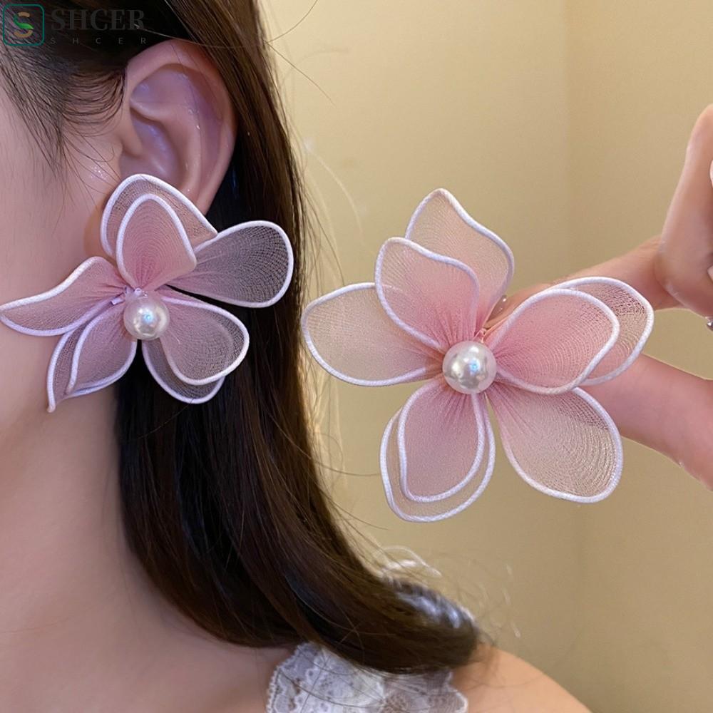 ASHCER Bông tai hoa lưới sắt, Dây sắt ngọc trai nữ Bông tai hoa, Tinh tế hoa lớn khí chất phóng đại 