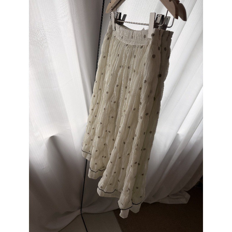 Polka Dot Print Pleated Textured Double-Layer Skirt with Contrasting Color Overlock Hem a Line skirt