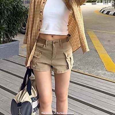ELIBER- Khaki Denim Shorts Jeans Cargo Pocket High Waist A Line Retro Korean Hot Girl Summer 370