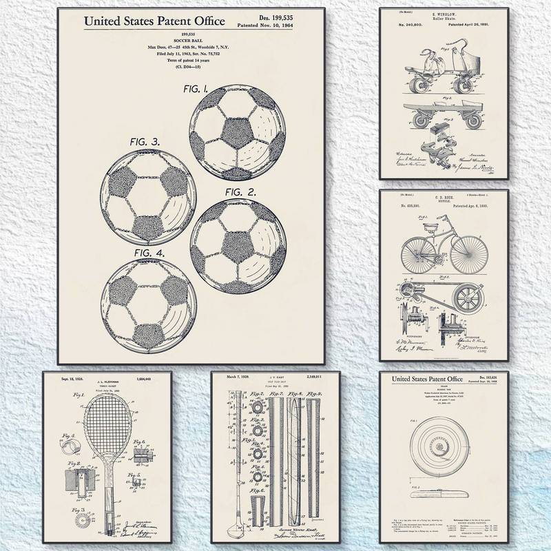 Vintage Thể Thao Bằng Sáng Chế Blueprint Tường Nghệ Thuật Bộ Bóng Đá Bóng Tennis Vợt Xe Đạp Ván Trượ