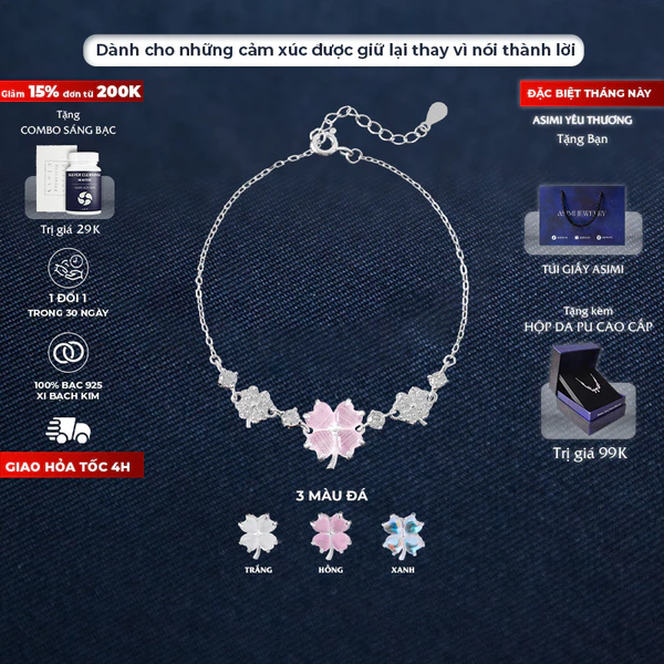 Lắc tay bạc nữ Cỏ 4 Lá Hồng Asimi Love Letter Bloom LT52